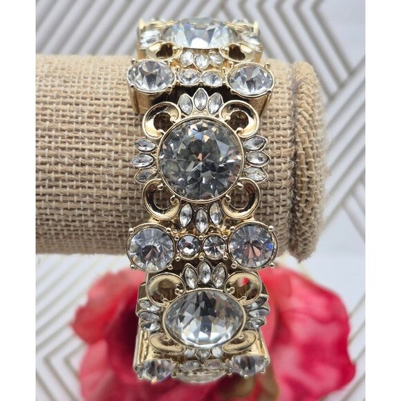 Ann Taylor Gold Tone Chunky Statement Crystal Stretch Bracelet Formal Wide - Picture 7 of 7